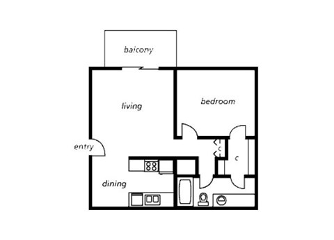 Floor plan for 1 bed, 1 bath, 620 sqft
